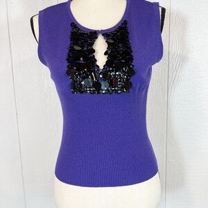 QUE Purple and Black Embellished Sleeveless Sweater With Bust Cutout Med…